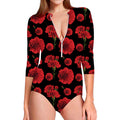 Red And Black Carnation Pattern Print Long Sleeve Swimsuit