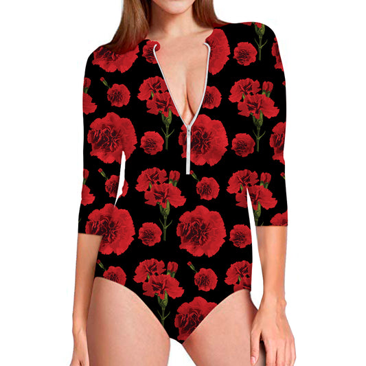 Red And Black Carnation Pattern Print Long Sleeve Swimsuit