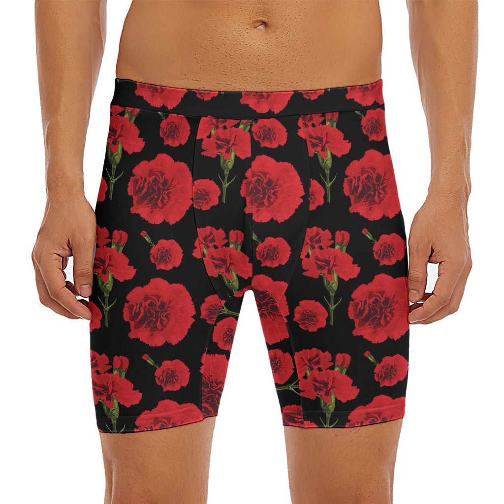 Red And Black Carnation Pattern Print Men's Long Boxer Briefs