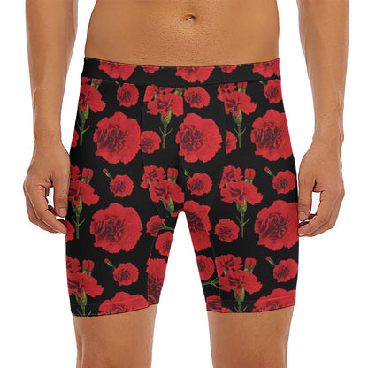 Red And Black Carnation Pattern Print Men's Long Boxer Briefs