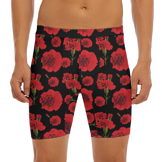 Red And Black Carnation Pattern Print Men's Long Boxer Briefs