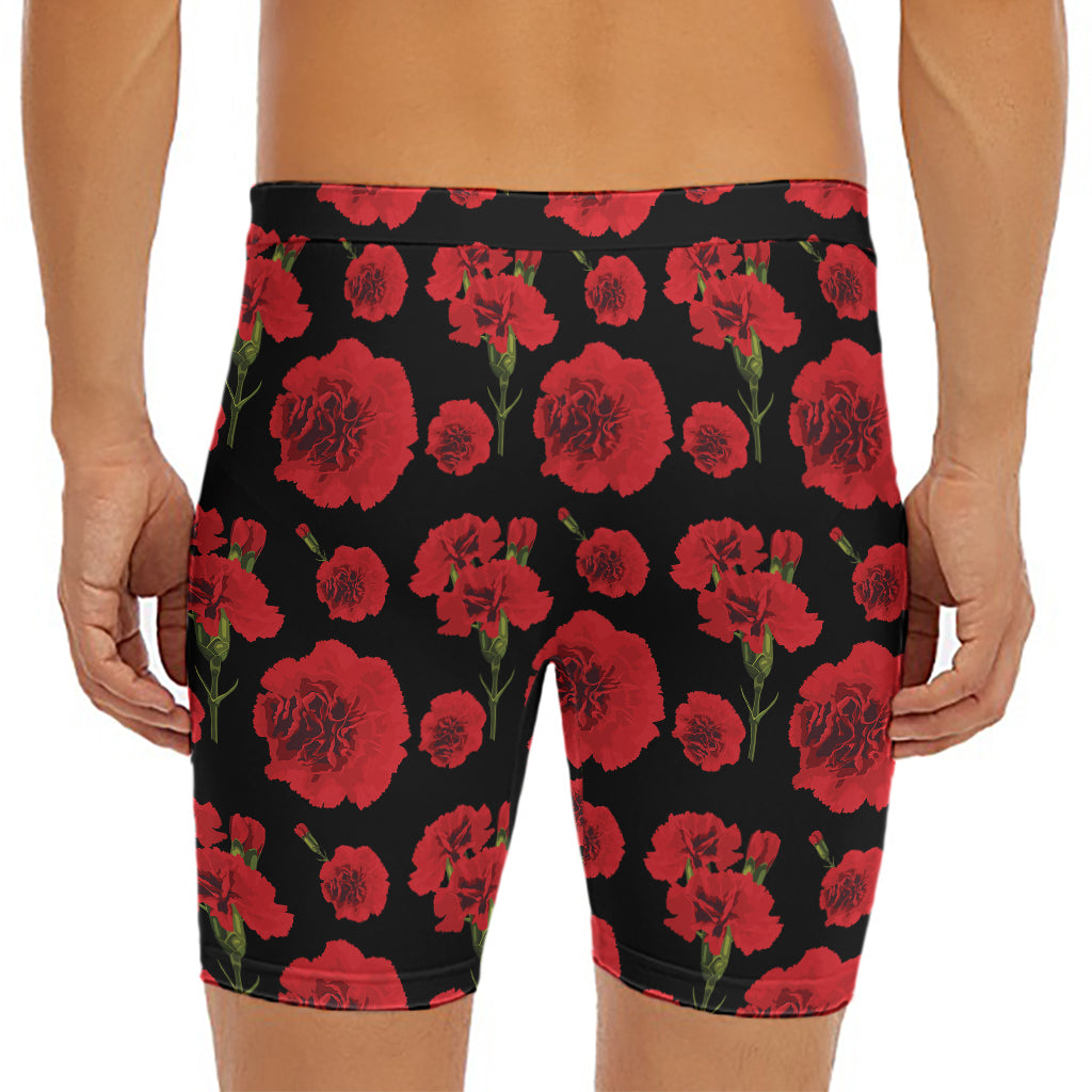 Red And Black Carnation Pattern Print Men's Long Boxer Briefs
