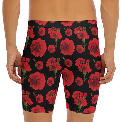 Red And Black Carnation Pattern Print Men's Long Boxer Briefs