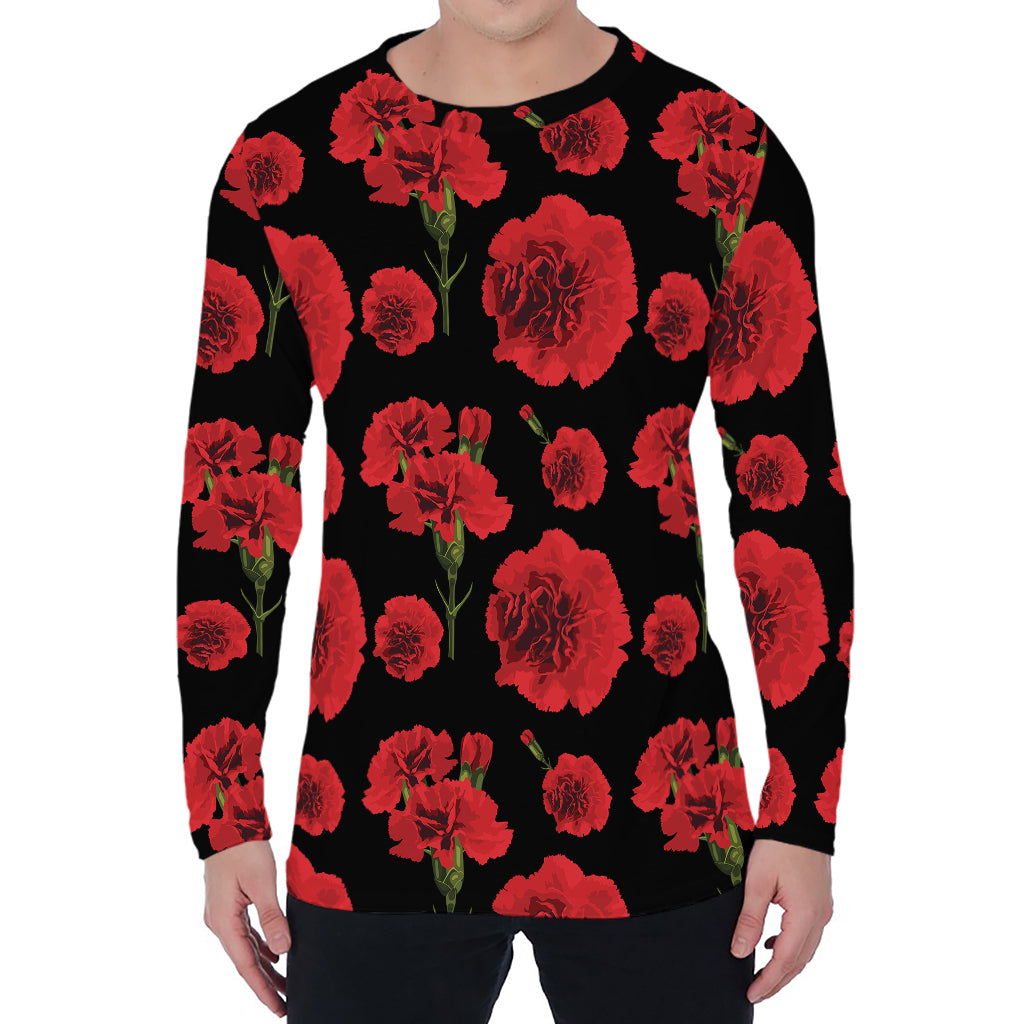 Red And Black Carnation Pattern Print Men's Long Sleeve T-Shirt