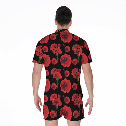 Red And Black Carnation Pattern Print Men's Rompers