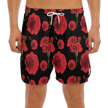 Red And Black Carnation Pattern Print Men's Split Running Shorts