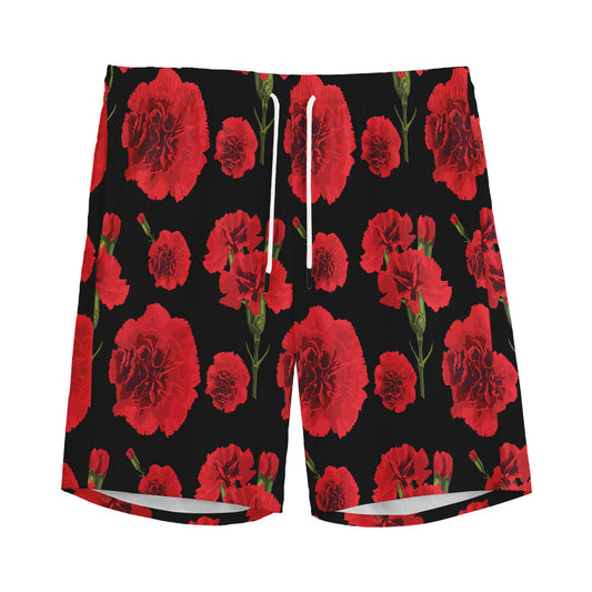 Red And Black Carnation Pattern Print Men's Sports Shorts