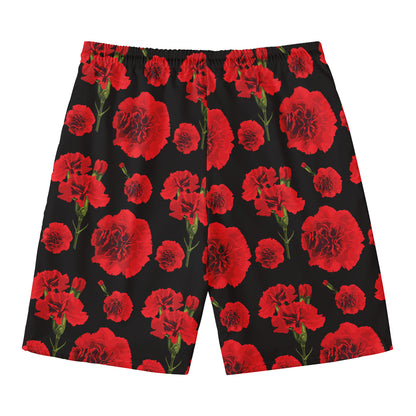 Red And Black Carnation Pattern Print Men's Swim Trunks