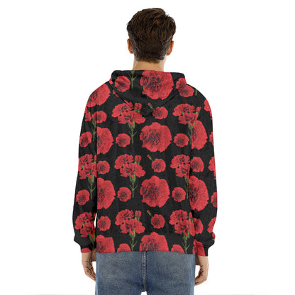 Red And Black Carnation Pattern Print Men's Velvet Pullover Hoodie
