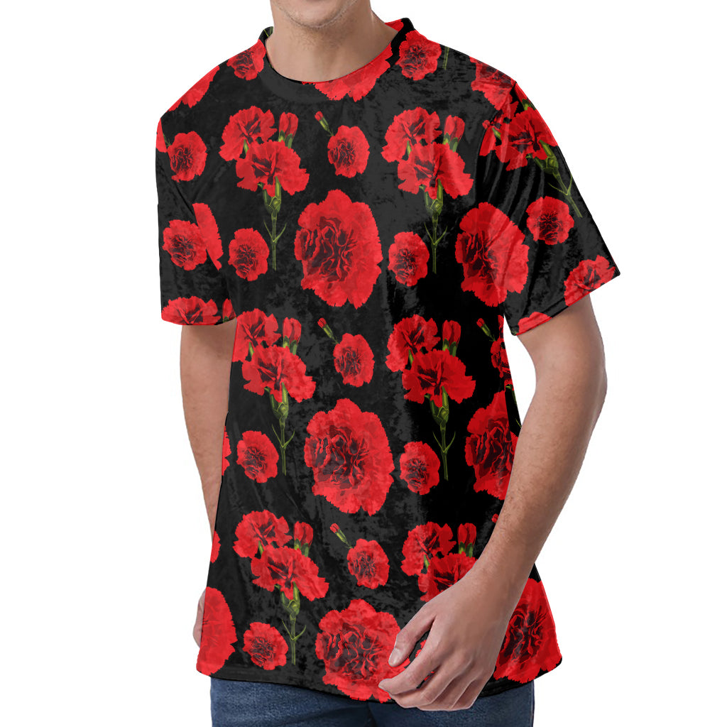 Red And Black Carnation Pattern Print Men's Velvet T-Shirt