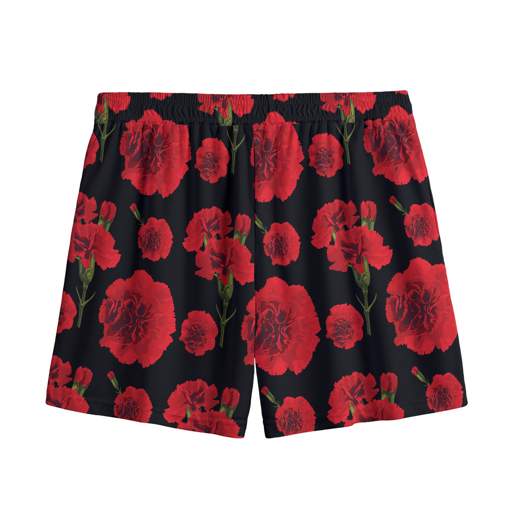 Red And Black Carnation Pattern Print Mesh Shorts