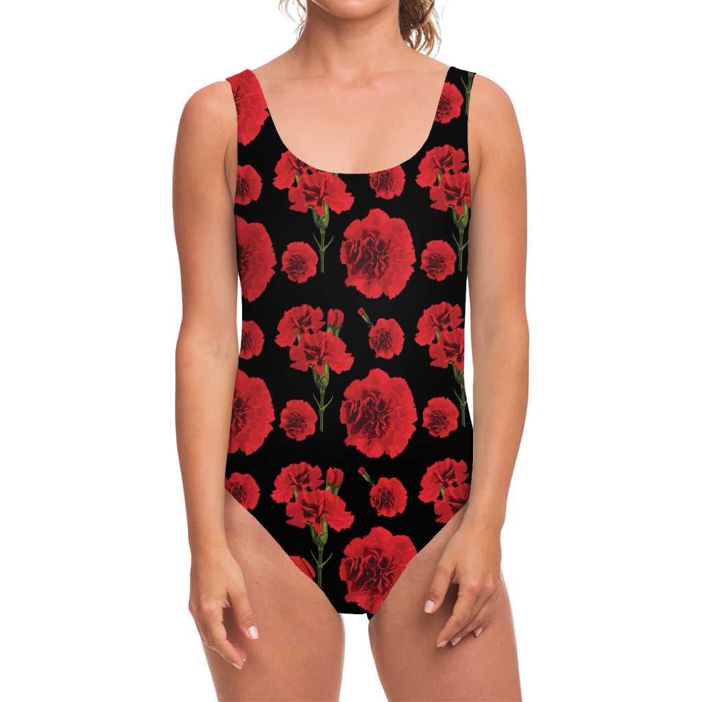 Red And Black Carnation Pattern Print One Piece Swimsuit