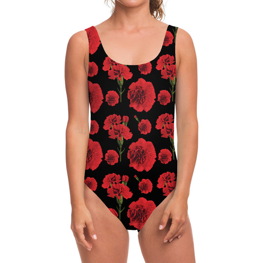 Red And Black Carnation Pattern Print One Piece Swimsuit