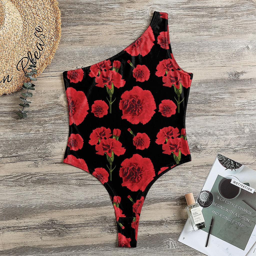 Red And Black Carnation Pattern Print One Shoulder Bodysuit