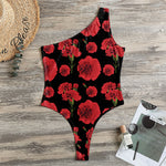 Red And Black Carnation Pattern Print One Shoulder Bodysuit