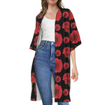 Red And Black Carnation Pattern Print Open Front Beach Cover Up