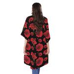 Red And Black Carnation Pattern Print Open Front Beach Cover Up