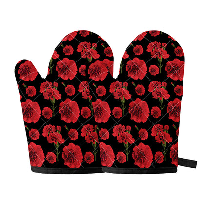 Red And Black Carnation Pattern Print Oven Mitts