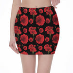 Red And Black Carnation Pattern Print Pencil Mini Skirt