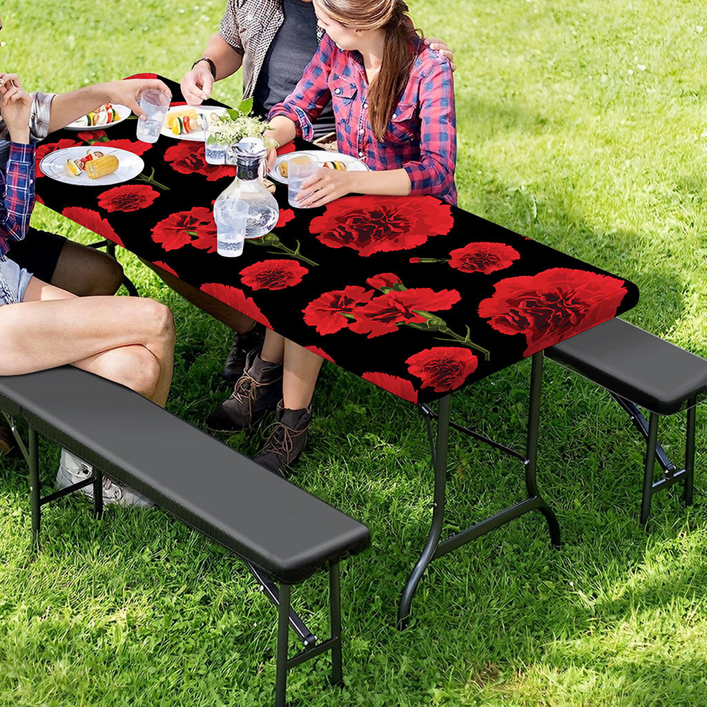 Red And Black Carnation Pattern Print Picnic Table Cover