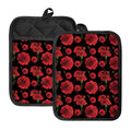 Red And Black Carnation Pattern Print Pot Holders With Pocket