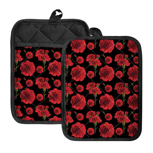 Red And Black Carnation Pattern Print Pot Holders With Pocket