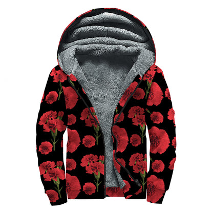 Red And Black Carnation Pattern Print Sherpa Lined Zip Up Hoodie