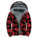 Red And Black Carnation Pattern Print Sherpa Lined Zip Up Hoodie