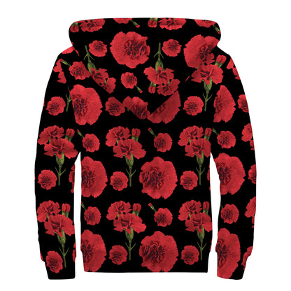 Red And Black Carnation Pattern Print Sherpa Lined Zip Up Hoodie