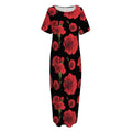 Red And Black Carnation Pattern Print Short Sleeve Long Nightdress