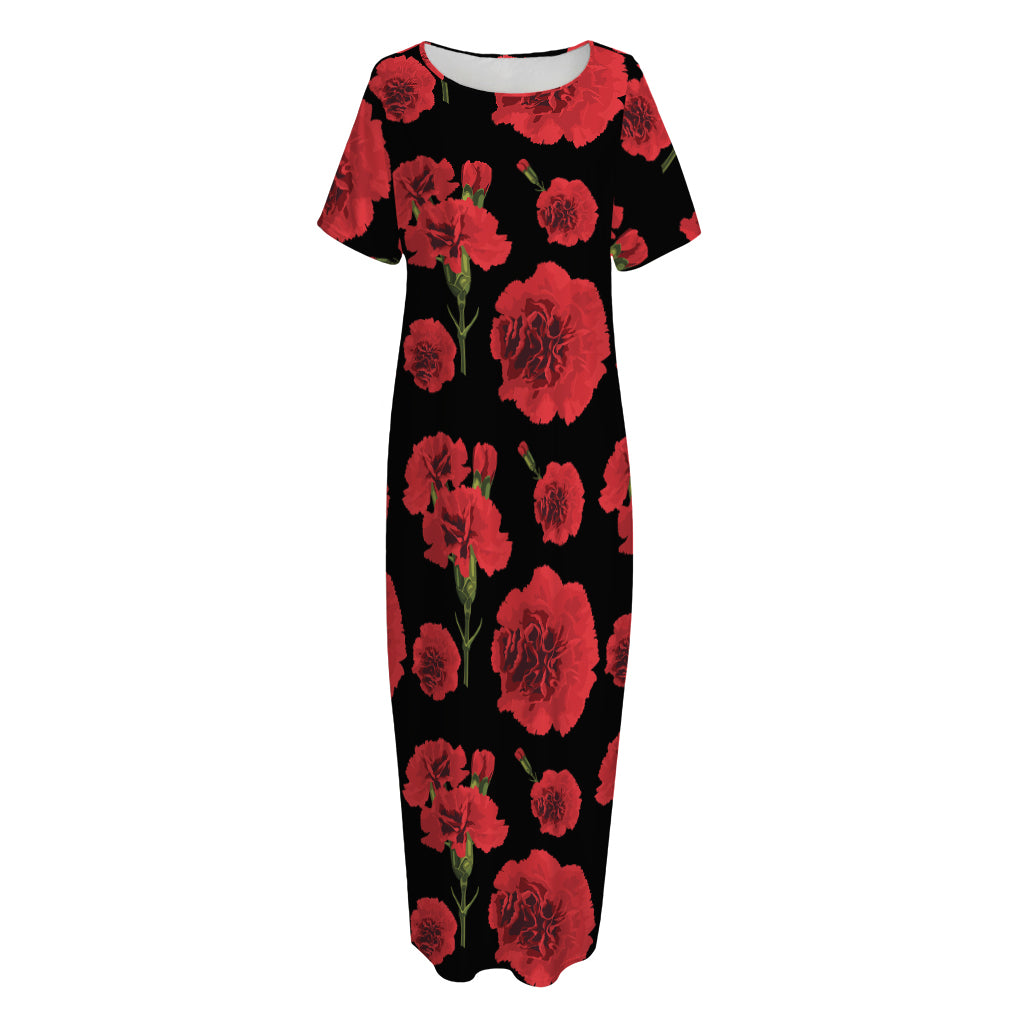 Red And Black Carnation Pattern Print Short Sleeve Long Nightdress