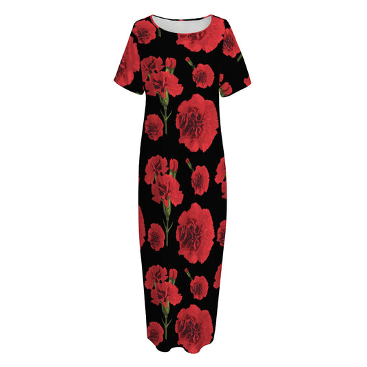 Red And Black Carnation Pattern Print Short Sleeve Long Nightdress