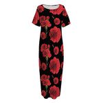 Red And Black Carnation Pattern Print Short Sleeve Long Nightdress