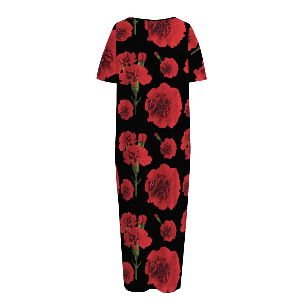 Red And Black Carnation Pattern Print Short Sleeve Long Nightdress