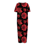 Red And Black Carnation Pattern Print Short Sleeve Long Nightdress