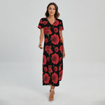Red And Black Carnation Pattern Print Short Sleeve Maxi Dress