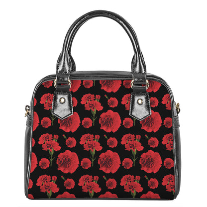 Red And Black Carnation Pattern Print Shoulder Handbag