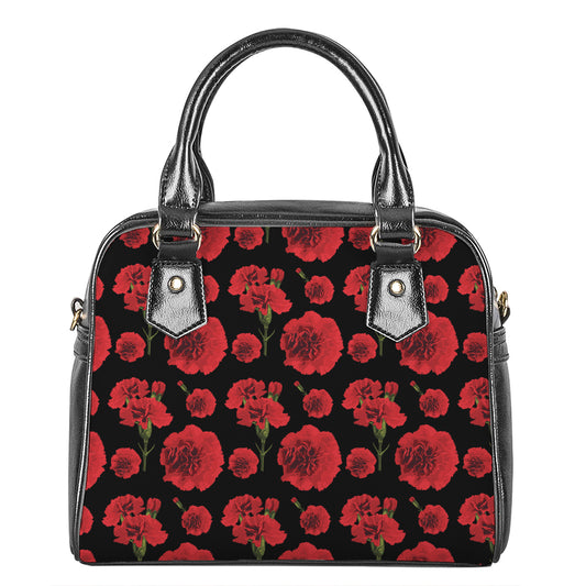 Red And Black Carnation Pattern Print Shoulder Handbag