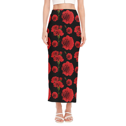 Red And Black Carnation Pattern Print Side Slit Maxi Skirt