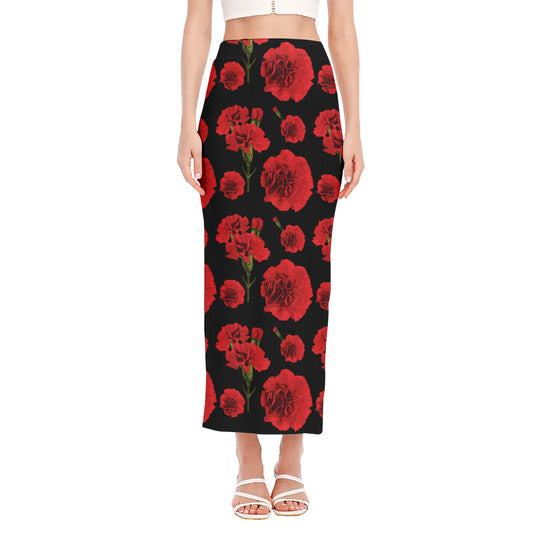 Red And Black Carnation Pattern Print Side Slit Maxi Skirt