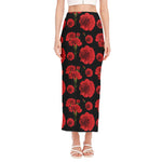Red And Black Carnation Pattern Print Side Slit Maxi Skirt