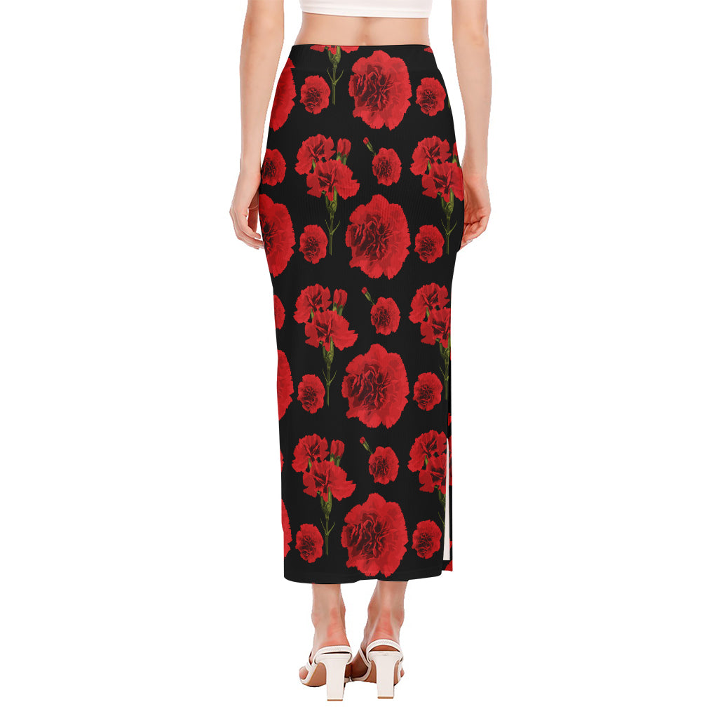Red And Black Carnation Pattern Print Side Slit Maxi Skirt