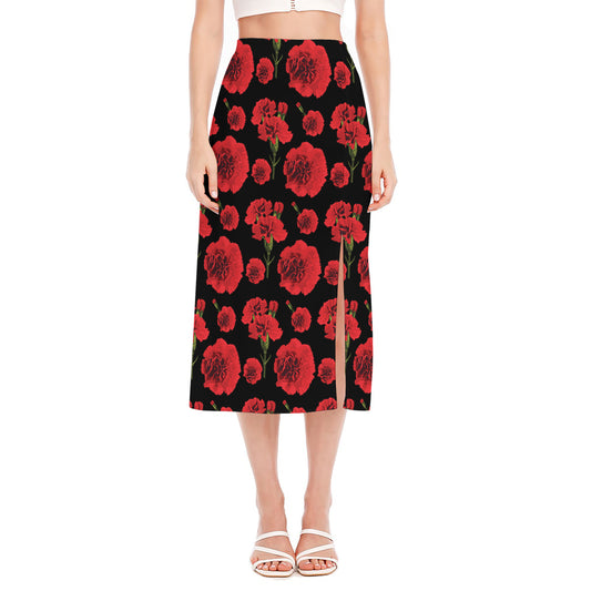 Red And Black Carnation Pattern Print Side Slit Midi Skirt