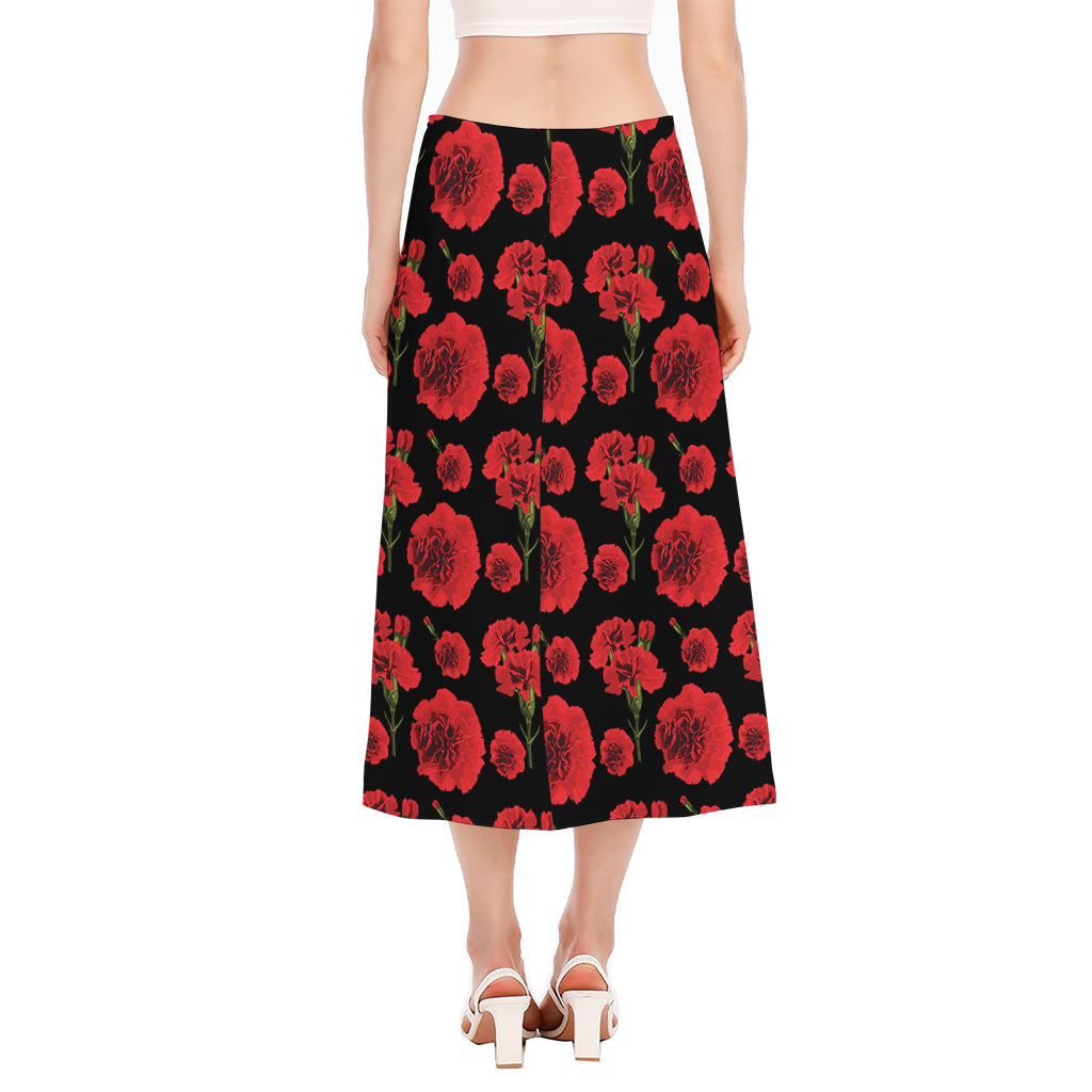 Red And Black Carnation Pattern Print Side Slit Midi Skirt