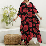 Red And Black Carnation Pattern Print Silk V-Neck Kaftan Dress