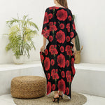 Red And Black Carnation Pattern Print Silk V-Neck Kaftan Dress