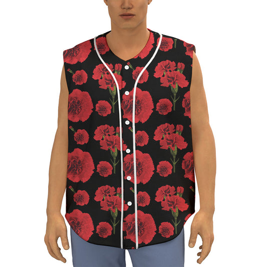 Red And Black Carnation Pattern Print Sleeveless Baseball Jersey