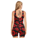 Red And Black Carnation Pattern Print Sleeveless One Piece Swimsuit