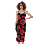 Red And Black Carnation Pattern Print Slim Fit Midi Cami Dress