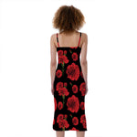 Red And Black Carnation Pattern Print Slim Fit Midi Cami Dress